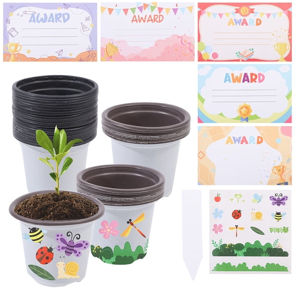 Garden Plastic Pot Craft Kits 25 Pcs Nursery Pots with 100 Pcs White Labels 25 Pcs Award Certificate Holders 25 Pcs Stickers for Flower Plant DIY