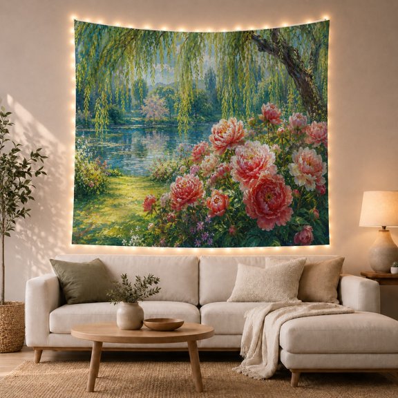 Garden Pond With Willow Trees and Pink Flowers, Peaceful Cottagecore Style for Garden Lovers, Floral Wall Art, Mother's Day Gift, Tapestry Wall Hanging for Bedroom and Living Room