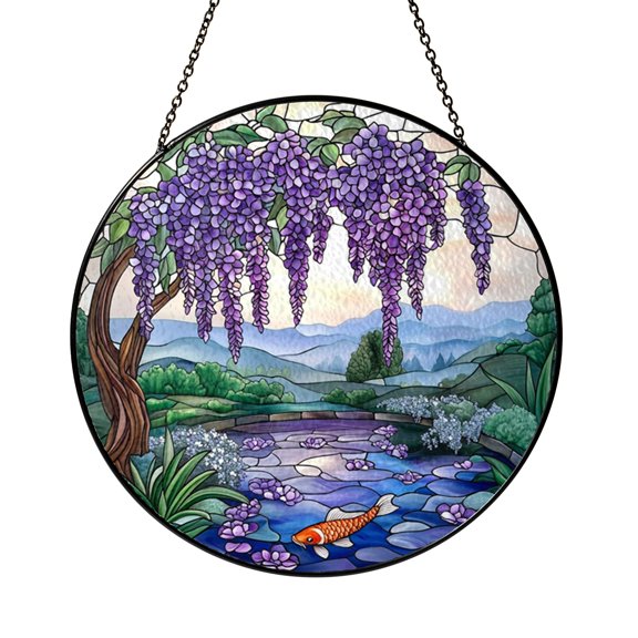 Garden Pond with Flowing Blossoms Stained Glass Suncatcher – Decorative Window Art