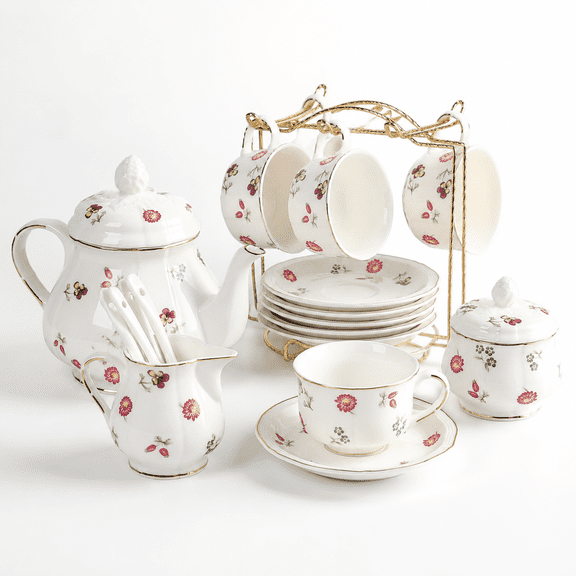Garden Porcelain Tea Set with Metal Holder, 23 Piece Cup Saucer and Serveware Set