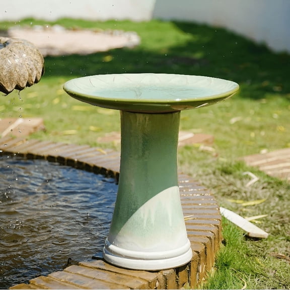 Garden Pots 17'' Ceramic Bird Bath for Outside, Elegant Tall Outdoor Bird Bath, Lightweight Pedestal Glazed Birdbaths for Outdoors with floral Pattern, Ombre Green,Outdoor Garden Planters