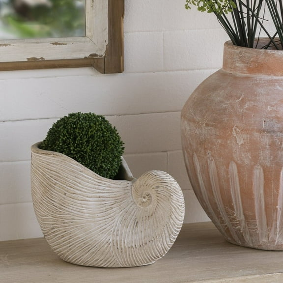 Garden Pots 8.5x5.5x6.3" Sand and Cement Nautilus Shell Planter with Textured Beige Finish,Outdoor Planters
