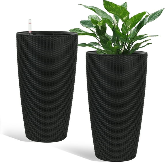 Garden Pots Indoor/Outdoor Modern The appearance is made of imitation rattan Design Planter,22.5 inch Black Plastic Large Plant Pot With Automatic Watering System for Home and Garden (Black, 22.5 in