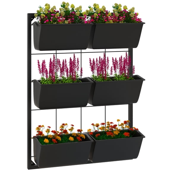 Garden Pots Outsunny 3-Tier Wall Planter with 6 Pots for Indoor and Outdoor Use, Hanging Plant Holder, Self Draining Wall Mounted Planter for Vegetables, Flowers, Herbs, Black,Outdoor Garden Planters
