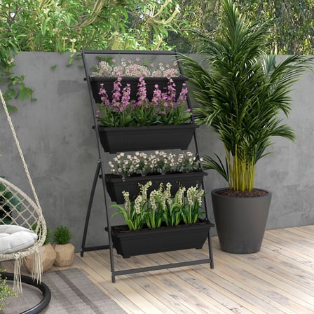 Garden Pots Outsunny Raised Garden Bed, 4 Tier Vertical Garden Planter Set, 4 Outdoor Planter Boxes with Stand, Self Draining Design Elevated Garden for Vegetable, Flowers & Herbs, Black,Outdoor Gard