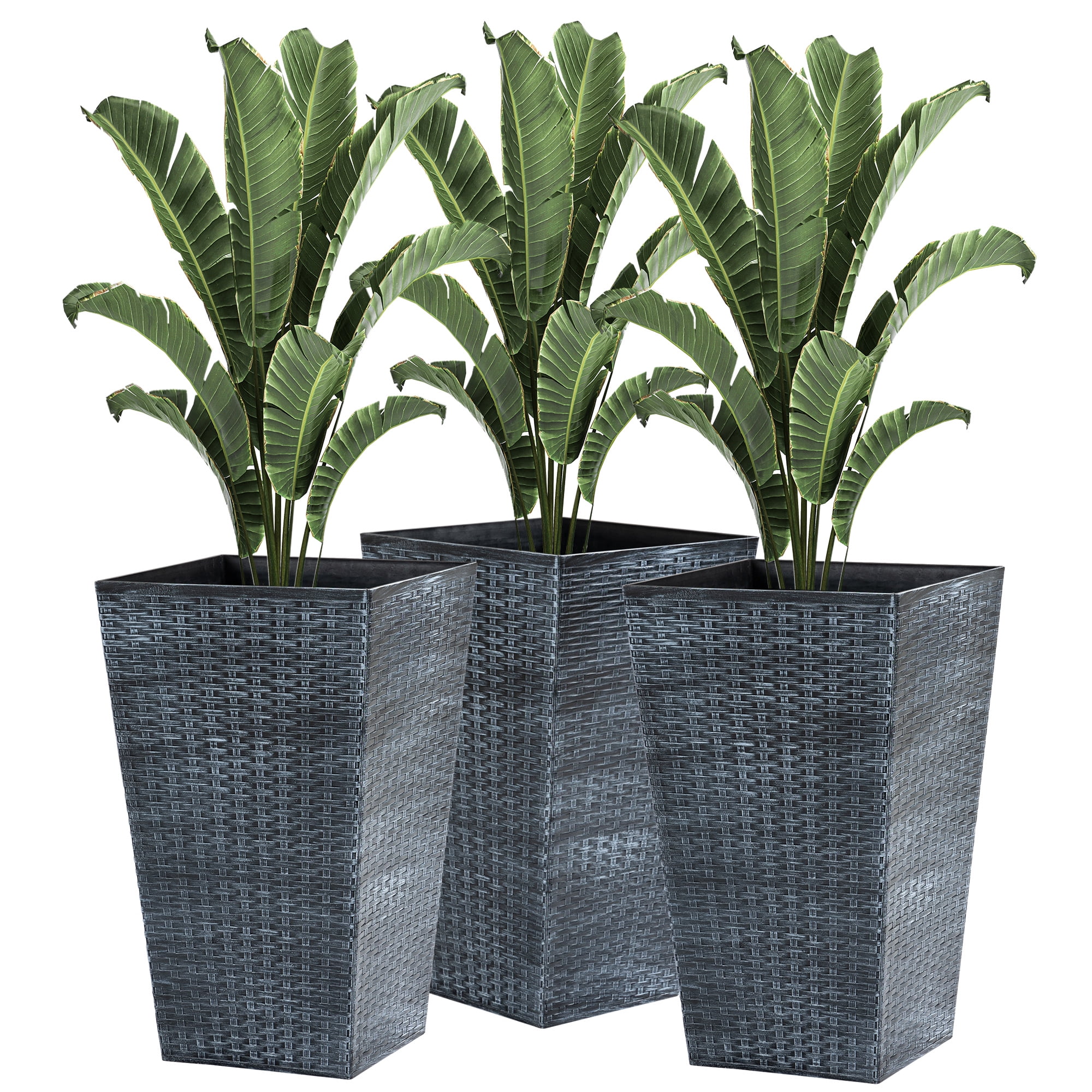 Garden Pots Outsunny Set of 3 Tall Planters with Drainage Hole, Outdoor Flower Pots, Indoor Planters for Porch, Front Door, Entryway, Patio and Deck, Gray,Outdoor Garden Planters