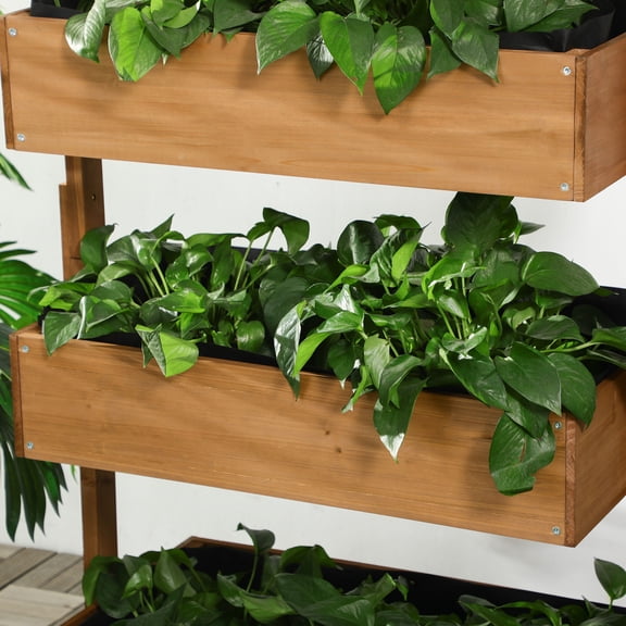 Garden Pots Outsunny Vertical Garden Planter, Wooden 4 Tier Planter Box, Self-Draining with Non-Woven Fabric for Outdoor Flowers, Vegetables and Herbs, Orange,Outdoor Garden Planters