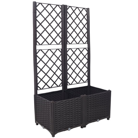 Garden Pots Poly Rattan Brown Trellis Raised Bed with Drainage Plug - 2 Removable Pots with Large Flower Boxes - Built-in Support for Climbing Plants - Outdoor Patio Garden Decoration,Outdoor Garden