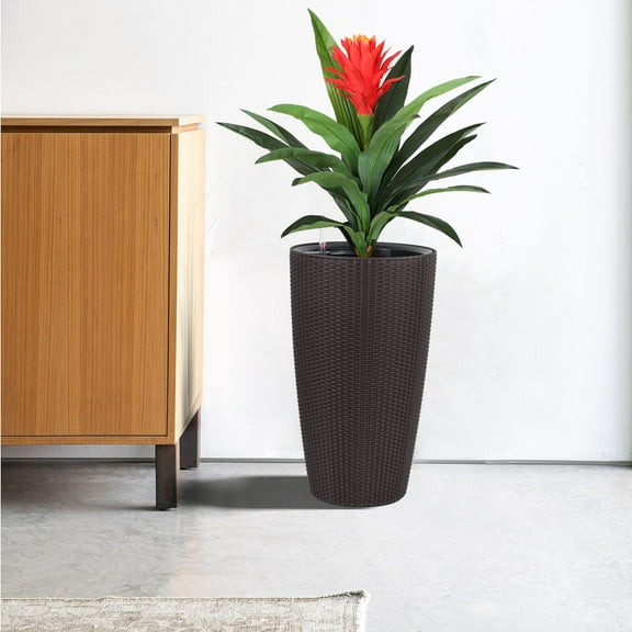 Garden Pots Set of 2 Faux Rattan Tall Planters Outdoor Indoor Large Planters with Water Level Monitor Inner Bucket, Automatic Watering, Flower Plant Pots for Garden, Patio, Porch, Backyard (Brown, 22