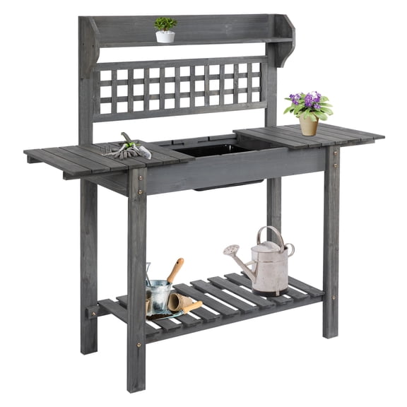 Garden Potting Bench 39" Wood Work Table with Storage, Sliding Top, Sink, Shelf - Gray