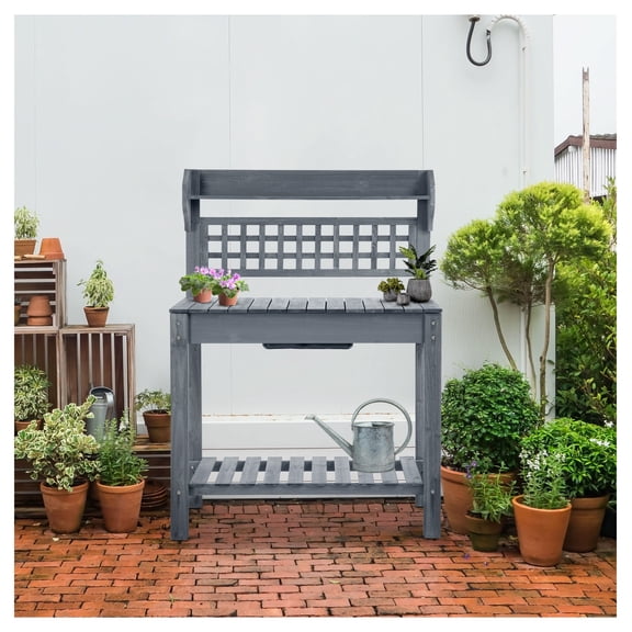 Garden Potting Bench 39", Wooden Work Table with Storage, Sliding Tabletop, Gray