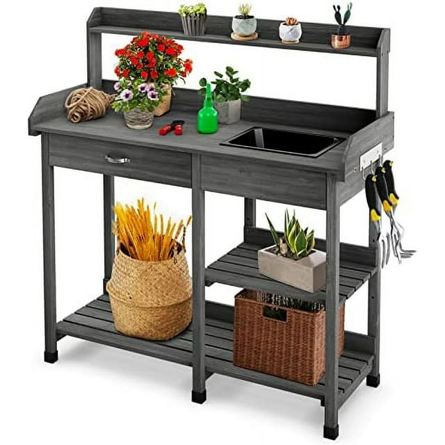 Garden Potting Bench Table Wood Potting Work Table for Yard Plant Lawn