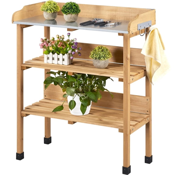 Garden Potting Bench Table, Wooden Horticulture Planting Workstation with Metal Tabletop and Storage Shelf, for Patio Backyard Organization, Brown
