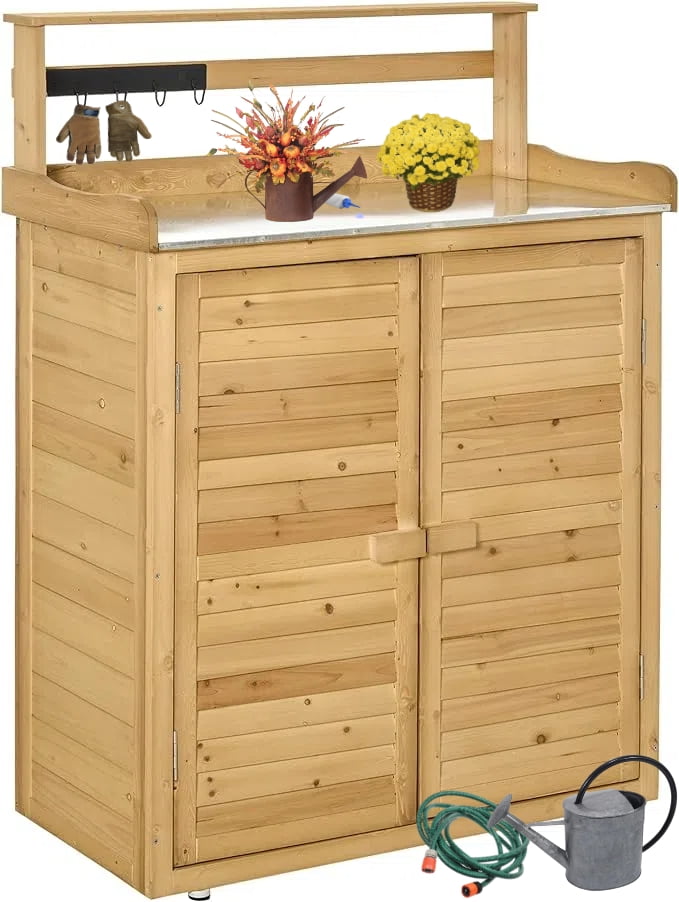 Natural Fir Wood Garden Potting Bench with Hooks and Shelves
