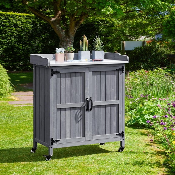 Garden Potting Bench Table with Metal Top and Storage Shelves for Outdoor Gardening
