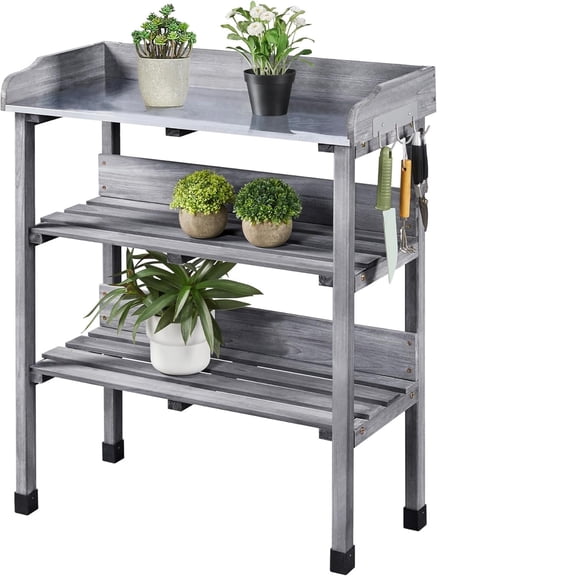 Garden Potting Table Horticulture Potting Bench W/storage Shelf W/metal Tabletop W/hook 3 Shelves Workstation Work Benches Station Gray