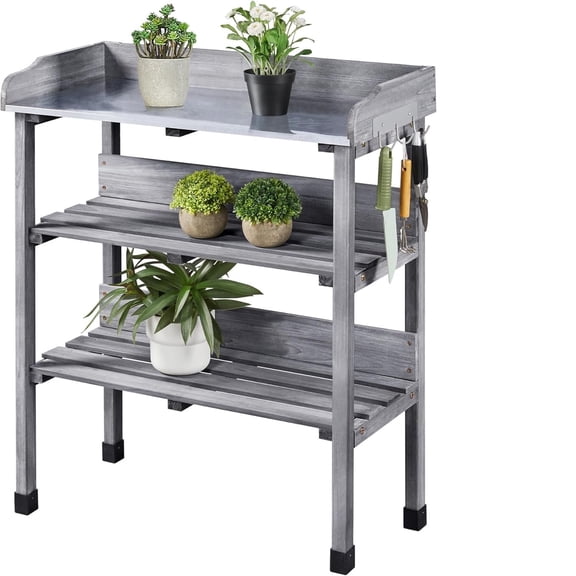 Garden Potting Table Horticulture Potting Bench W/storage Shelf W/metal Tabletop W/hook 3 Shelves Workstation Work Benches Station Gray