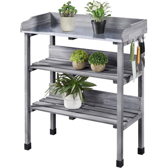 Garden Potting Table Horticulture Potting Bench w/Storage Shelf W/Metal Tabletop w/Hook 3 Shelves Workstation Work Benches Station, Gray