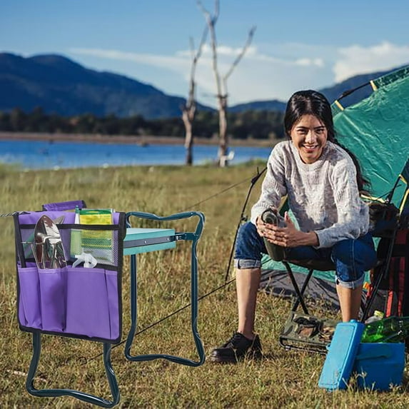 Garden Pouch Foldable Portable Garden Kneeler, Bench Kneeling Bag, Seat Storage Tote Hanging Organizer, Gardening Tools Storage Stool Multiple Storage Pouch (Purple) 12x13"
