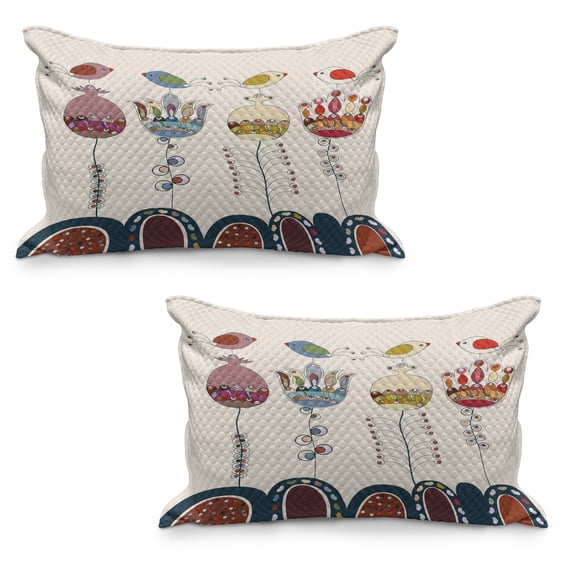 Garden Quilted Pillowcover Set of 2, Cartooned Landscape with Flowers Birds and Abstract Forms Colorful, Standard Queen Size Pillow Cover for Bedroom, 36" x 20", Multicolor, by Ambesonne
