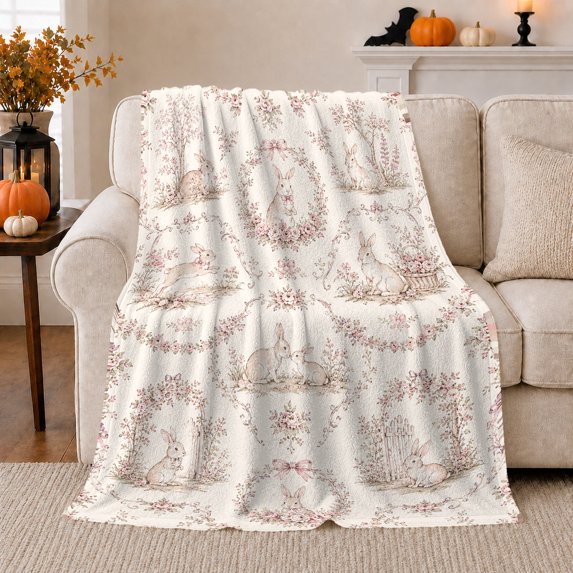 Garden Rabbits Framed By Floral Wreaths And Bows, Soft Flannel Blanket with Vintage Pastoral Illustration Print, Housewarming Gift and Home Decor for Bedroom and Living Room