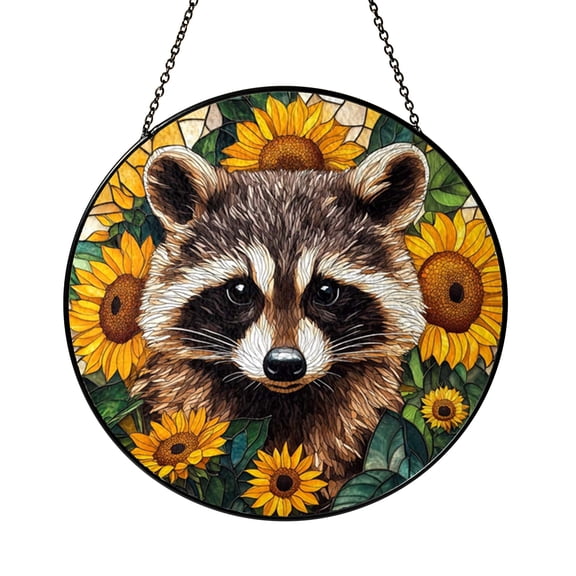 Garden Raccoon Floral Faux Stained Glass Window Decor2001