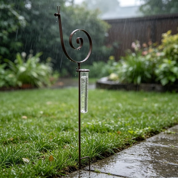 Garden Rain Gauge, Vintage Rust Decorative Outdoor Stake with Functional Measuring Glass Design, Weather Resistant Yard Ornament for Garden Lovers Patio Landscape
