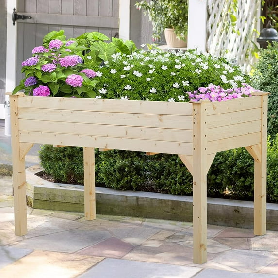 Raised Garden Bed Elevated Wooden Planter Box Stand Patio Raised Garden Bed Wood Planter Box Kit Outdoor Gardening Grow Planter Box Deep Root Planter Box with Legs & Bed Liner for Growing Flowers