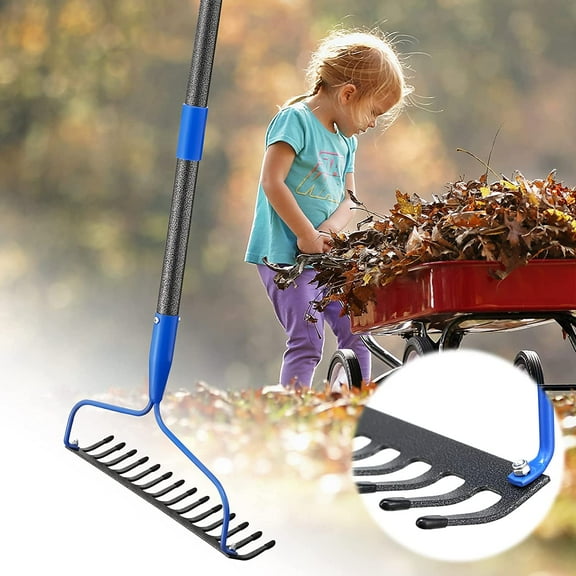 DEROFIT Heavy Duty Garden Bow Rake, 14 Tines Rake for Leaves, Metal Thatch Rake Yard Gardening Tools, 6ft, Blue