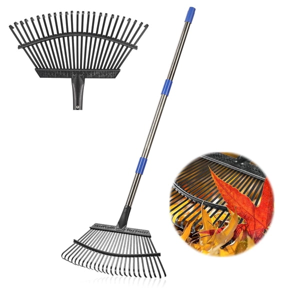 Garden Rake For Leaves Leaf Rakes Heavy Duty Yard Lawn Shrub Grass Mulch 18" Metal Head 6ft Adjustable Long Handle Adults Gardening