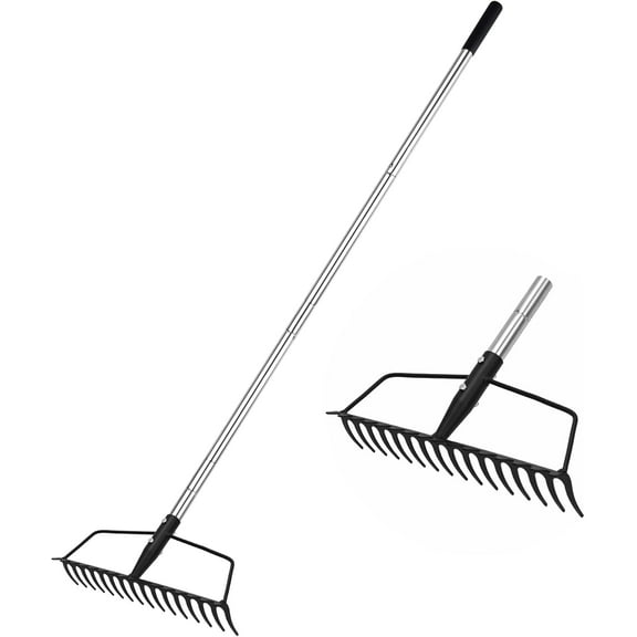 Garden Rake, Heavy Duty 16-Tine Bow Rake with Adjustable Stainless Steel Handle, Metal Rake for Yard Work, Loosening Soil, Leveling Mulch, Gathering Leaves