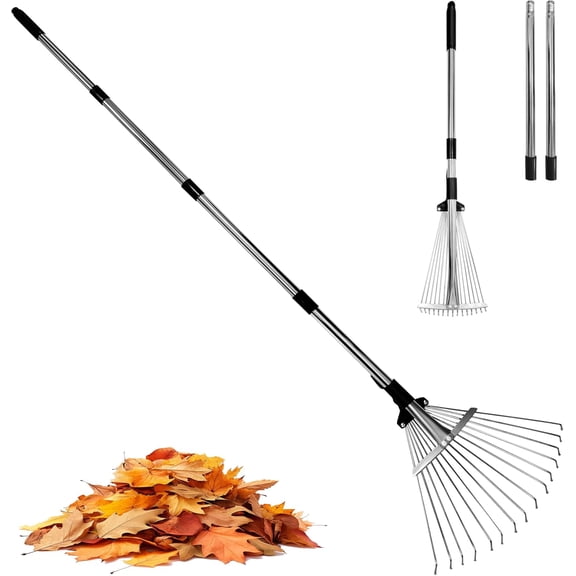 Garden Rake for Leaves,Heavy Duty Metal Adjustable Leaf Rake for Lawns,Long Handle 33"-69" with Expandable Head 8"-15",Garden Tools for Yard Lawn Shrub Garden Beds