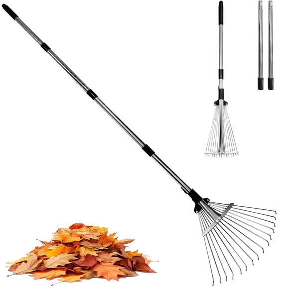 Garden Rake for Leaves,Heavy Duty Metal Adjustable Leaf Rake for Lawns,Long Handle 33"-69" with Expandable Head 8"-15",Garden Tools for Yard Lawn Shrub Garden Beds