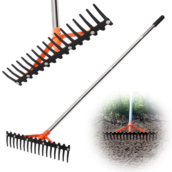 CKLT 17-Tine Garden Rake, Heavy Duty Bow Rake with 62" Adjustable Stainless Steel Handle, Tempered Spring Steel Tines for Lawns, Loosening Soil, and Yard Work, Orange