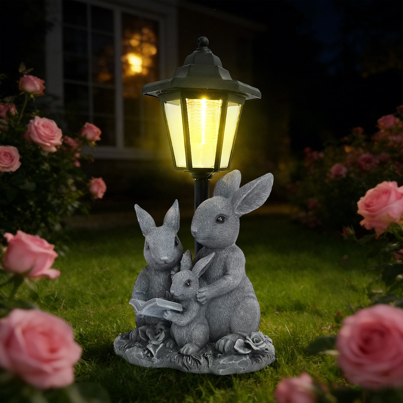 Garden Reading Bunny Statue Decor,Outdoor Rabbit Statues with Solar ...