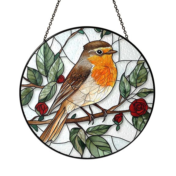 Garden Robin Bird Faux Stained Glass Window Decor2001