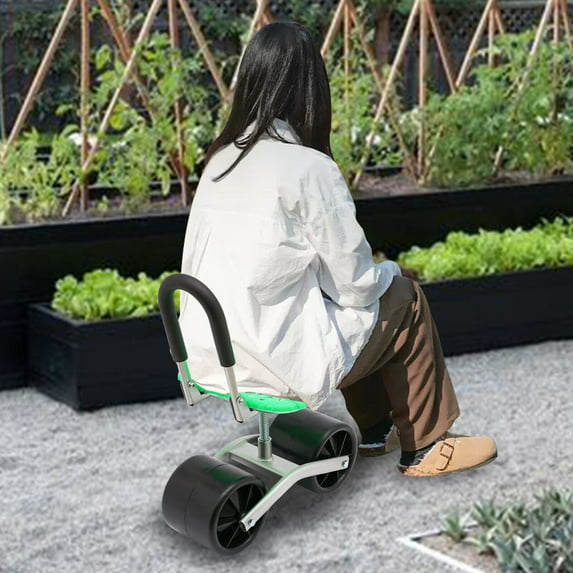 Garden Rolling Stool Workseat with 2 Wheels and Tool Bag, Stable Sturdy Cart Adjustable Seat Height and Direction