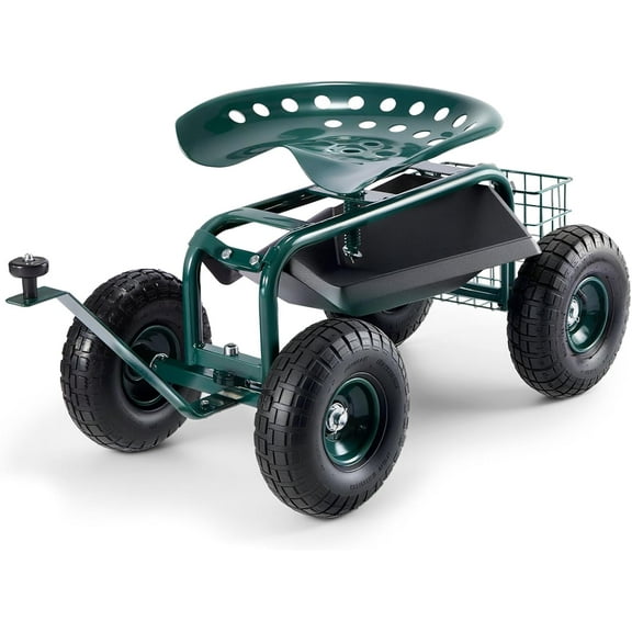 Garden Rolling Work Seat Cart with Wheels, Stool for Planting, 360 Degree Swivel Seat, Wagon Scooter Steering Handle & Utility Tool Tray, Use Patio, Yard, and Outdoors, Green