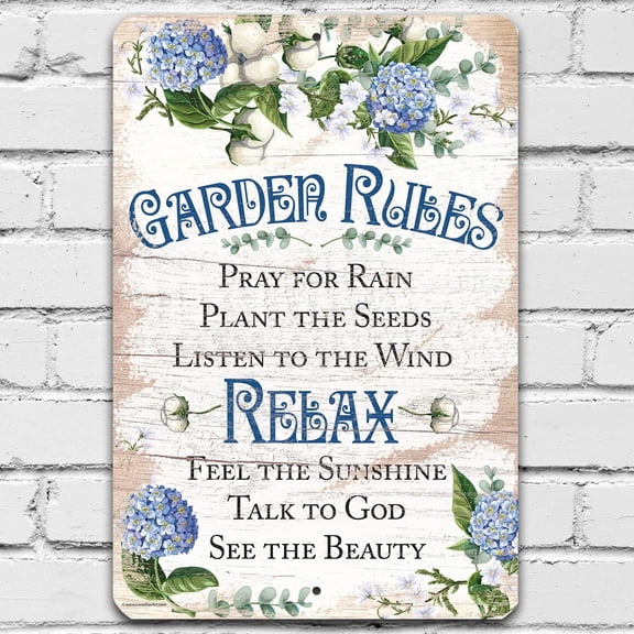 Garden Rules Metal Sign, 8 x 12 Inch Floral Vintage Garden Wall Decor for Outdoor Patio, Greenhouse, Backyard, Porch, Religious Farmhouse Gift