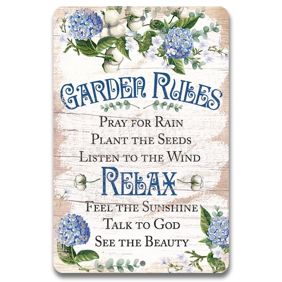 Garden Rules Metal Sign - Floral Garden Sign Decorative Outdoor, Greenhouse Display and Summer House Print, Backyard Religious Decor and Gift, 8x12 Use Indoors or Outdoors Durable Metal Sign