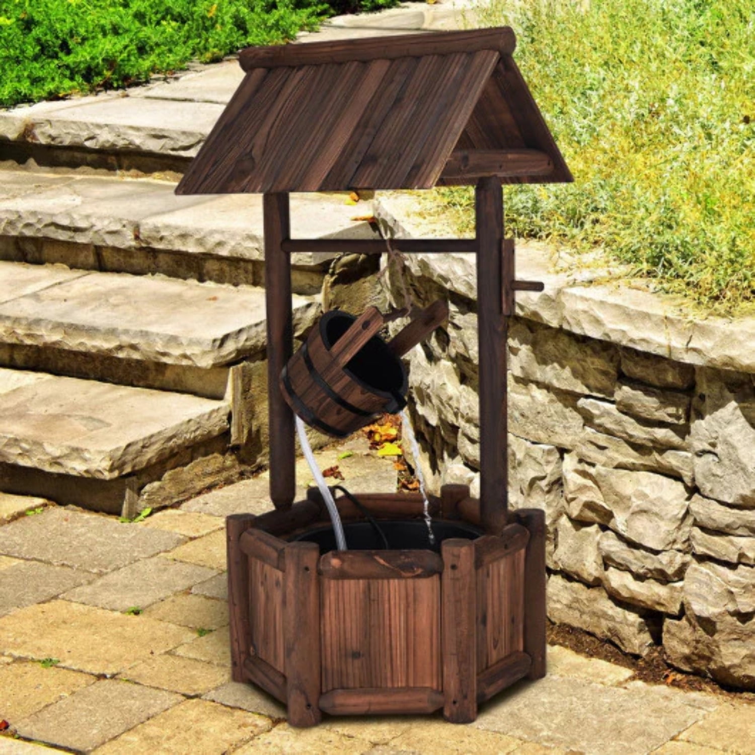 Rustic Wooden Wishing Well Water Fountain with Electric Pump