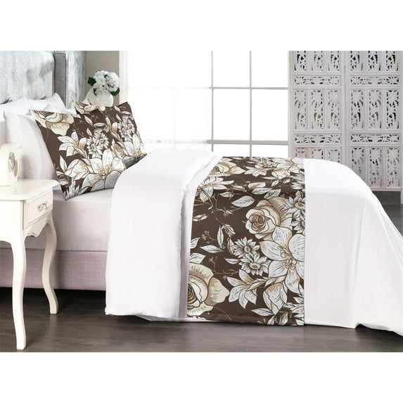 Garden Scene Bed Runner Set, Neutral Traditional Roses and Floral Pattern Boho Romance Print, Decorative Bedding Scarf & 2 Pillow Shams for Hotels Homes, Queen, Cream White Dark Sepia, by Ambesonne