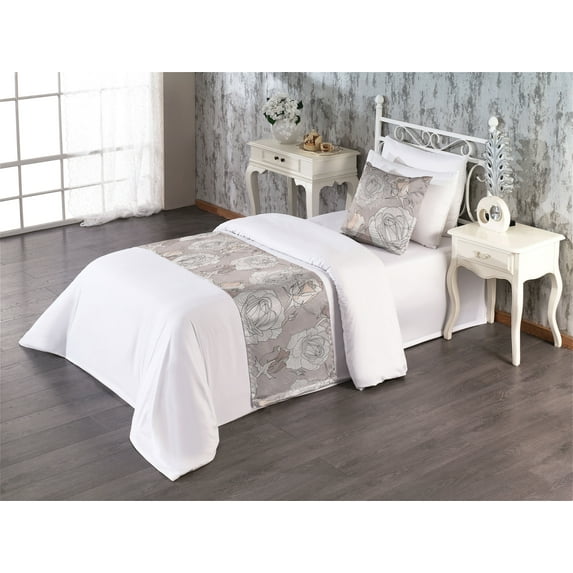 Garden Scene Bed Runner Set, Simple Design Linear Rose Pattern Cottagecore Inspired Print, Decorative Bedding Scarf & a Pillow Sham for Hotels Homes, Twin, Pale Purpleblue and Eggshell, by Ambesonne