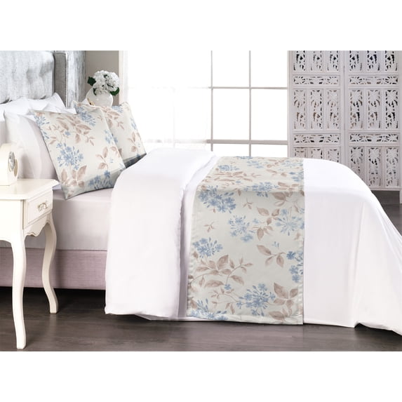 Garden Scene Bed Runner Set, Soft Tones Flowers Boho Pattern Springtime Inspired Neutral Art, Decorative Bedding Scarf & 2 Pillow Shams for Hotels Homes, King, Lavender Blue Warm Taupe, by Ambesonne