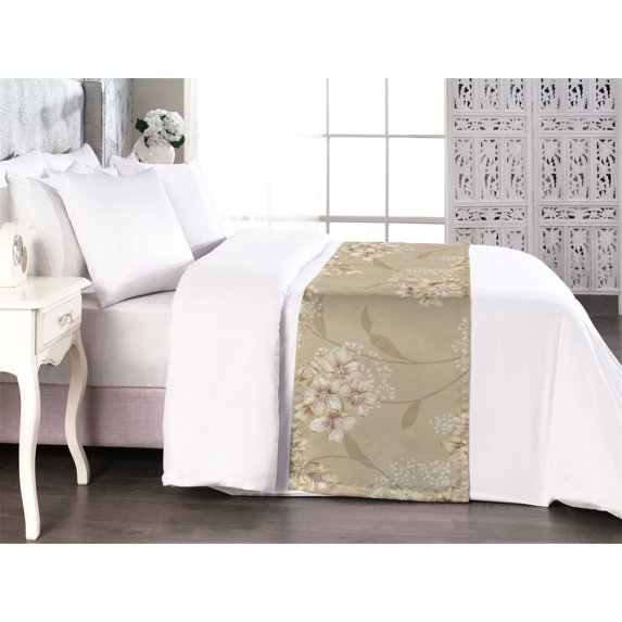 Garden Scene Bed Runner, Springtime Vibes Neutral Colors Boho Flowers Vintage Autumn Print, Decorative Accent Bedding Scarf for Hotels Homes & Guest Rooms, King, Pale Khaki White Camel, by Ambesonne