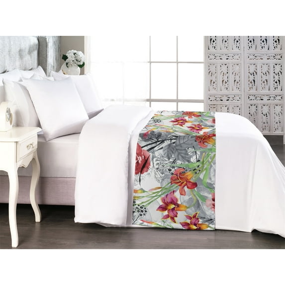 Garden Scene Bed Runner, Watercolor Botany Concept Floral Boho and Bitonal Leaves Print, Decorative Accent Bedding Scarf for Hotels Homes & Guest Rooms, King, Pale Ruby Fern Green Dust, by Ambesonne