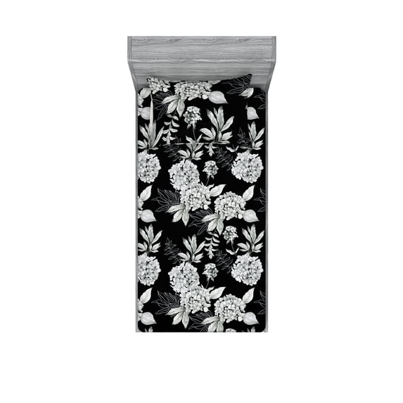 Garden Scene Fitted Sheet & Pillow Sham Set, Botanical Vibe Monochrome Hydrangea Illustration Boho Cottagecore Art, Decorative Printed 2 Piece Bedding Decor, Twin, Charcoal Grey White, by Ambesonne