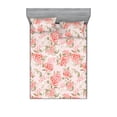 thumbnail image 1 of Garden Scene Fitted Sheet & Pillow Sham Set, Innocent Rose Flowers Vintage Drawings with Leafy Pattern Art, Decorative Printed 3 Piece Bedding Decor, Queen, Coral Peacock Green Blush, by Ambesonne, 1 of 2