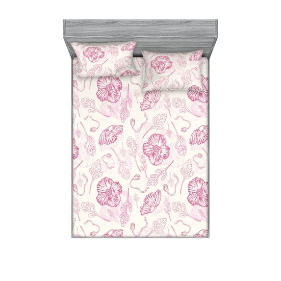 Garden Scene Fitted Sheet & Pillow Sham Set, Neutral Colors Boho Poppy Sketch With Lines Simple Design Print, Decorative Printed 3 Piece Bedding Decor, King, Off White Pale Fuchsia, by Ambesonne