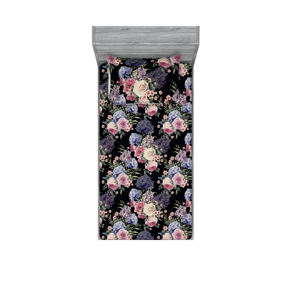 Garden Scene Fitted Sheet & Pillow Sham Set, Romantic Vibe Summer Themed Exotics Flowers Vintage with Leaves Art, Decorative Printed 2 Piece Bedding Decor, Twin, Pistachio Green Lilac, by Ambesonne